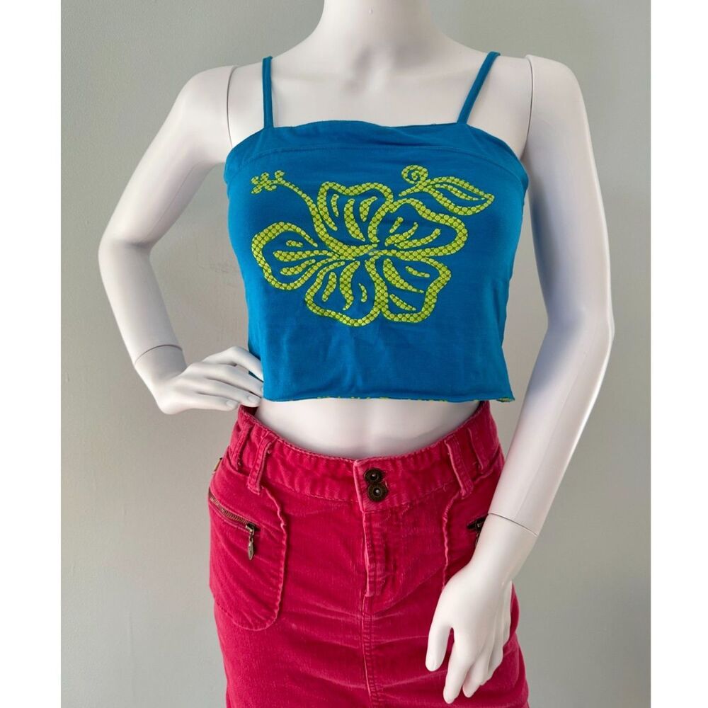 Y2K Blue Hibiscus Cropped Cami Top Vintage 2000s Island Graphic Tank size XS